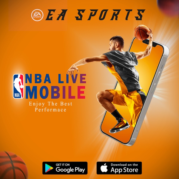 mobile app, sports app, basketball app, gaming app, nba app, product launch, brand awareness, modern typography, energetic, bold, orange, blue